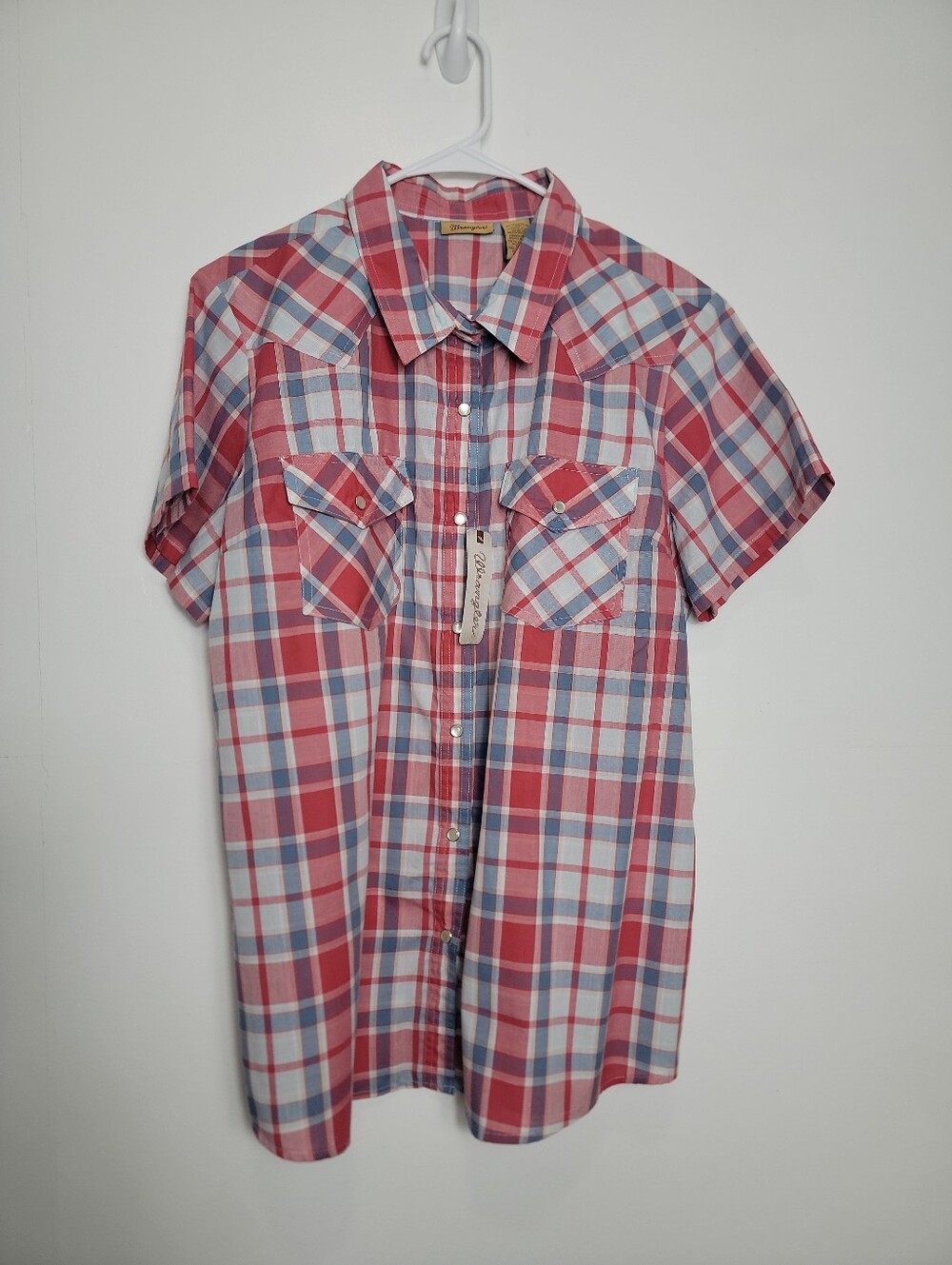 Wrangler Women's Red White Blue Plaid Short Sleeve Button Up Top, XL NWT